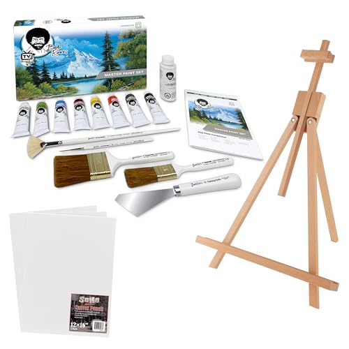 Bob Ross Master Artist Oil Paint 15 Piece Bundle Plus Wood Tabletop Travel Art Easel and Canvas Panels (3pk) - 12x16 (3 Items)