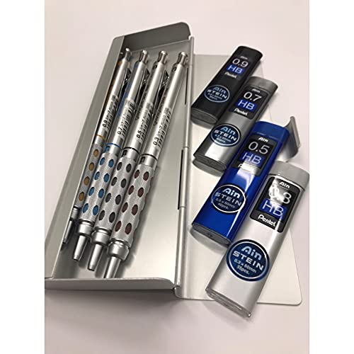 Four Graphgear 1000 Mechanical Pencil Set- 0. 3mm, 0. 5mm, 0. 7mm & 0. 9mm / Four Rerill Leads/Pen-type Triangle Eraser/Pencase, Silver