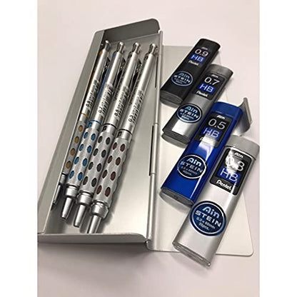Four Graphgear 1000 Mechanical Pencil Set- 0. 3mm, 0. 5mm, 0. 7mm & 0. 9mm / Four Rerill Leads/Pen-type Triangle Eraser/Pencase, Silver