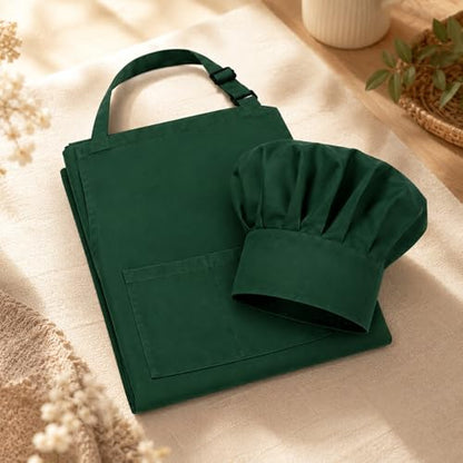 Tosewever Chef Apron Hat Set for Women and Men, Adjustable Bib Apron with 2 Pockets Costume Apron for Father Kitchen Cooking - color: Green