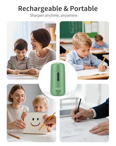 Rechargeable Electric Pencil Sharpener, Auto in & Out, Green | Adjustable Sharpness, Easy to Clean, Fast Sharpening, for 6-8mm Pencils Students, Teachers, Artist, Classroom, School, Office - color: Green