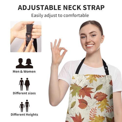 Fall Colorful Maple Leaves Apron with Pockets Autumn Watercolor Leaves Apron with Adjustable Neck Thanksgiving Day holiday Farmhouse Chef Cooking Apron for Women Men Dinner Baking BBQ - color: Fall-a