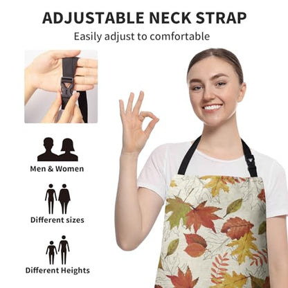 Fall Colorful Maple Leaves Apron with Pockets Autumn Watercolor Leaves Apron with Adjustable Neck Thanksgiving Day holiday Farmhouse Chef Cooking Apron for Women Men Dinner Baking BBQ - color: Fall-a