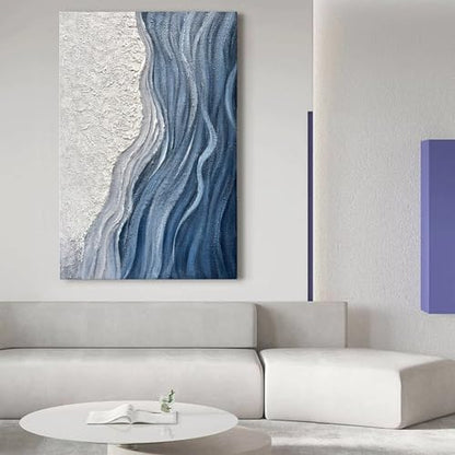 Art Hand-Painted Blue and White Texture Abstract Art Oil Painting Modern Art Oil on Canvas Large Wall Art Deco 45x30 inches - color: Yi049