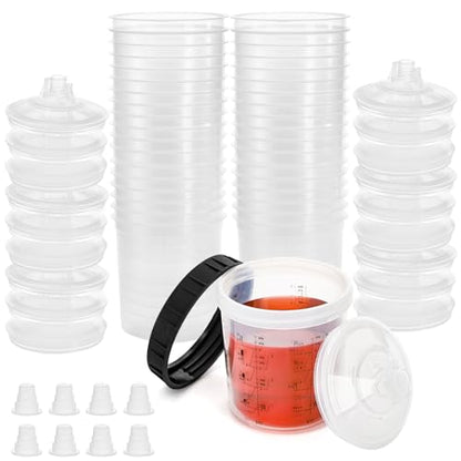 Yesland Disposable Paint Sprayer Mixing Gun Cup Liners and Lid System for Automotive Paint Gun, 20 Pack Paint Cups 20 Ounce (600ml) Kit, 20 Lids with Strainer, 8 Plugs, 1 Hard Cup with Retainer Ring