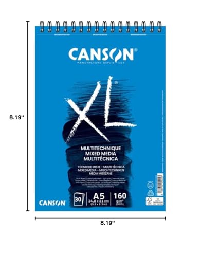 CANSON XL Mixed Media 160gsm A5 Paper, Light Grain, Spiral Pad Short Side, 30 White Sheets, for Professional Artists & Students