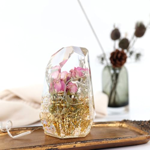 Large Gem Stone Resin Mold, Epoxy Resin Casting Craft Mold for Flower Preservation Bookends with 5 Fairy Light Without Battery