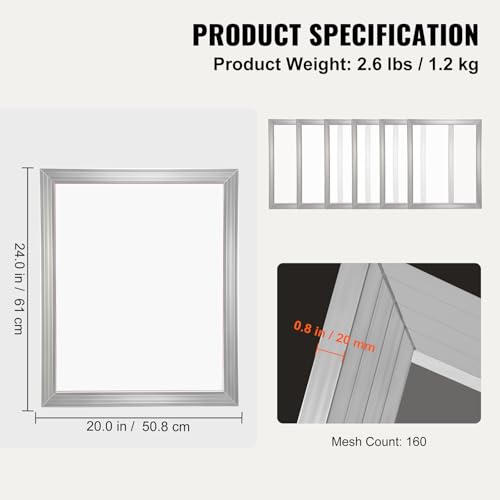 VEVOR Screen Printing Kit, 2 Pieces Aluminum Silk Screen Printing Frames, 20x24inch Silk Screen Printing Frame with 160 Count Mesh, High Tension Nylon Mesh and Sealing Tape for T-Shirts DIY Printing - size: 20x24inch