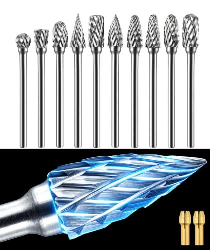 Sworker 10 Pcs Carbide Burr Set 1/8" Shank w/ 2 Collets Compatible with Dremel Bits Rotary Tools Attachment Kit Rasp Drill File Accessories Metal Wood Stone Steel Grinding Carving Cutting Polishing