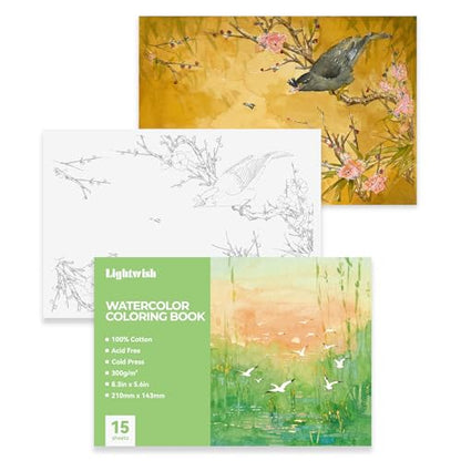 Lightwish Watercolor Coloring Book for Adults & Beginners,100% Cotton 300gsm/140lb Acid-Free Cold Press Paper, 8.3 x 5.6 Inches,15 Sheets,Bird-Themed - color: Bird-Themed