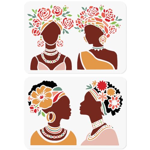 2Pcs Flower African American Lady Stencils for Painting, 11.69"x8.27"Plastic Floral African Women Face Stencil Drawing Templates, DIY Craft Paint Templates for Wall Home Decor Wood Burning Canvas - style: Lady