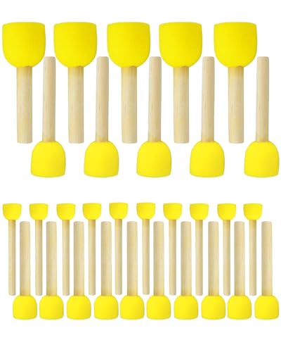 WAFJAMF 30Pcs Round Sponge Brush Set 4 Sizes DIY Painting Tools Yellow | Wooden handle craft foam applicators for acrylic, kids arts & stenciling with multiple diameter options