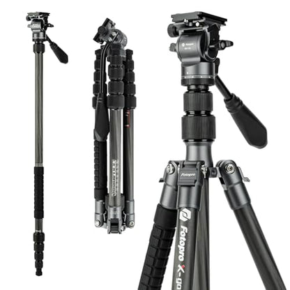 Fotopro 59" Carbon Fiber Travel Tripod, Compact Video Tripods with Fluid Head, Detachable Monopod with Quick Release Plate and Bag, Camera Tripod Load up to 8KG/17.63lbs - color: Black, size: 62" Video (Carbon Fiber)