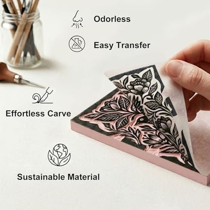 16 Pack Linoleum Blocks for Printmaking, 4x6 Inch Soft Rubber Carving Blocks for Stamp Making, Pink Linocut Blocks for Printmaking Supplies, Block Printing Kit for Beginners & Professionals