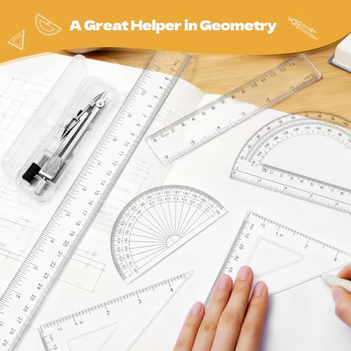 7Pcs Geometry Set-Clear Plastic Rulers,Triangle Ruler,Protractor,Compass | 12Inch & 6Inch Ruler Set for School Office Math Drawing Drafting Engineering Architecture Art
