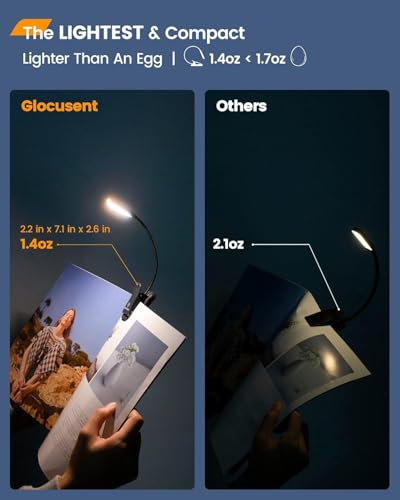 Glocusent Willow Book Light for Reading in Bed, 10 LED Bright Reading Light | 3 Colors & 3 Brightness, Rechargeable, 80Hrs, Lightweight, Clip on, Christmas Stocking Stuffers, Gifts, Book Lovers, Reader - color: Black