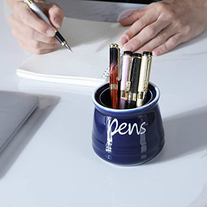 ONTUBE Porcelain Pens Holder Stand ,Ceramic Pencils Holder (Navy) | Porcelain, ceramic, pen & pencil holder, sturdy, easy-clean, non-slip, compact, elegant, durable, versatile, white, modern - color: Navy
