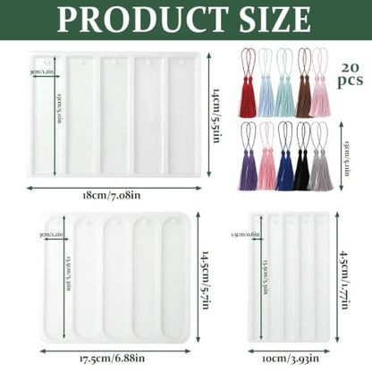 3PCS Shiny Silicone Bookmark Molds, Rectangle Resin Bookmark Molds in Small & Medium Sizes with Tassel Accessories, Perfect for DIY Resin Bookmarks