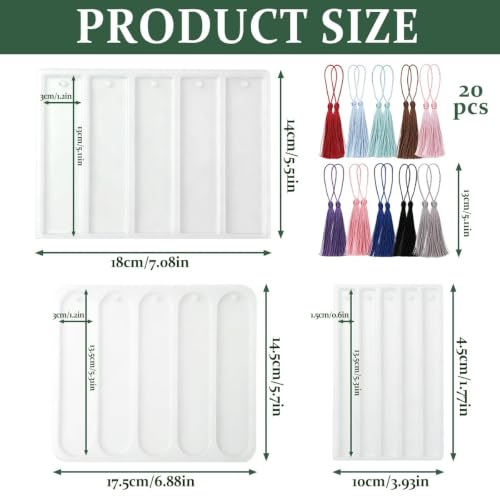 3PCS Shiny Silicone Bookmark Molds, Rectangle Resin Bookmark Molds in Small & Medium Sizes with Tassel Accessories, Perfect for DIY Resin Bookmarks