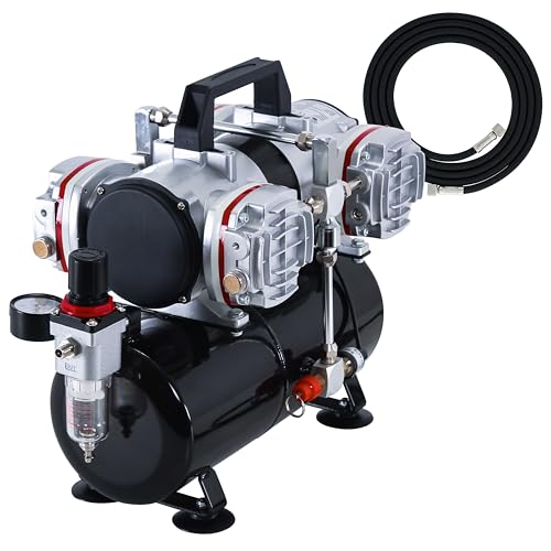 Master Airbrush TC-828 Airbrush Compressor with Tank- 1/3 HP Quad Cylinder, 4L Air Tank, 78L/Min Flow, Multi-Airbrush & Spray Gun Support, True Diaphragm Regulator, Portable - Ideal for Artists - style: Quad Piston with Tank