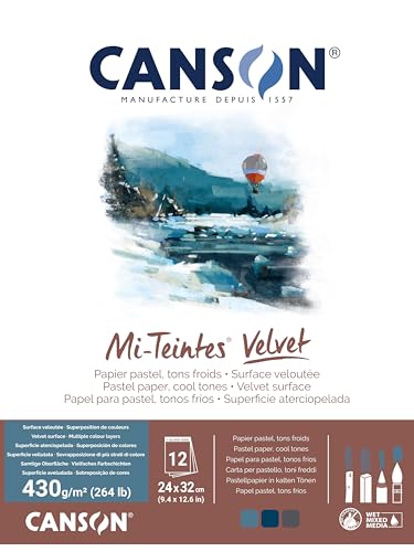 Canson Mi-Teintes Velvet Drawing Paper Pad, Cool Tones, Assorted Colors, Glue Binding, (260lb/430g), 12 Sheet, 9.4x12.6 inch, 1 Count - color: Cool Tones, size: 24x32cm