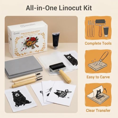 Lnncdsc Linocut Kit with Linoleum Blocks and Carving Tools for Printmaking | Includes easy-carve linoleum blocks and multi-size carving cutters; complete printmaking supplies for beginners, artists