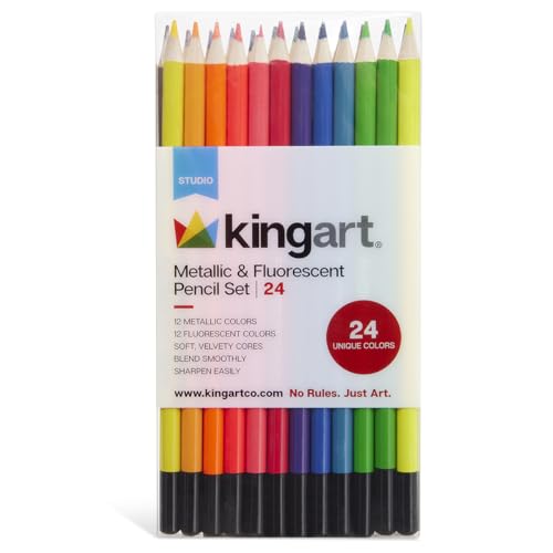 KINGART Metallic & Fluorescent Artist Quality 24 Ct. Colored Pencil Set, 24 Unique Colors, Pre-Sharpened for Sketching & Drawing Paper, Coloring Book Design and Mixed Media Art
