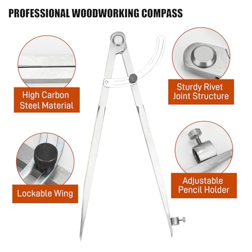 Large Compass for Woodworking, 12 Inch Pencil Compass with Wing Divider Metal Compass Drawing Tool for Carpenter Drafting Technical Drawing (12 Inch) - size: 12 Inch