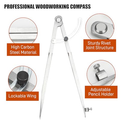 Large Compass for Woodworking, 12 Inch Pencil Compass with Wing Divider Metal Compass Drawing Tool for Carpenter Drafting Technical Drawing (12 Inch) - size: 12 Inch