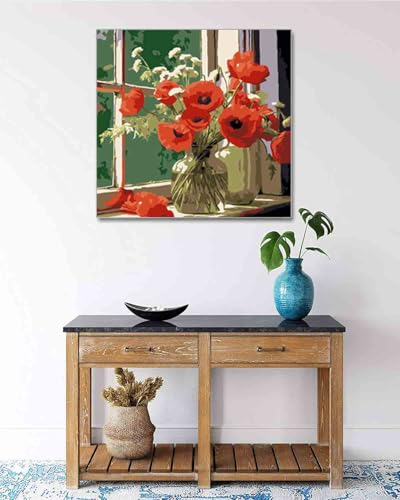 TOCARE Framed Paint by Numbers Kit for Adults Beginners, 12x12inch Red Flower Paint by Number with Frame,Easy Window Flowers Poppies Paint by Numbers Framed Canvas (Without Easel) - color: TC-F-219