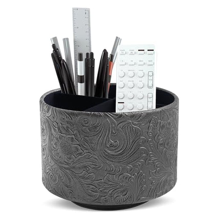 Round Leather Art Supply Organizer,Remote Control Holder,360 Degree Spinning,Multi-Functional Pencil Holder,4 Compartments Desktop Stationary Organizer(1-Carved Black) - color: 1-Carved Black