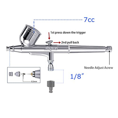 Dual-Action Airbrush Kit 0.3mm Air Brush Gun with Extra 0.2mm & 0.5mm Nozzles Needle Air Caps and Quick Release Disconnect Coupler - size: 0.2mm/0.3mm/0.5mm