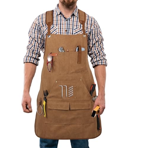 Men's Canvas Tool Apron, Heavy Duty Multi-Pocket Work Apron for Woodworking Gardening Bartender Adjustable Straps - color: Khaki