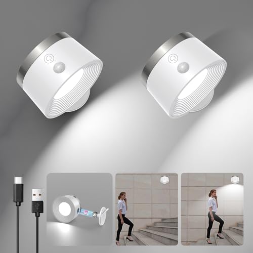 Motion Sensor Wall Light Indoor 2Pcs, 3500mAh Rechargeable Battery Operated LED Wall Light, Wall Lamp Wireless with 360 ° Rotation, 3 Color Temperatures for Bedroom, Study, Corridor, Picture - color: White, size: 2 PCS