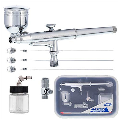 Master Airbrush SB84 Multi-Purpose Dual-Action Side Bowl Feed Air Brush Kit with 3 Nozzle Sets (0.2, 0.3 & 0.5mm Needles, Fluid Tips and Air Caps) - Airbrush Gun for Painting, Auto, Art, Cake, Hobby