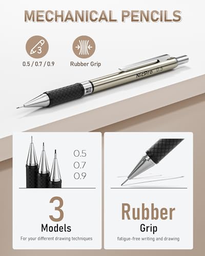 Nicpro 35PCS Art Mechanical Pencil Set, 3 PCS Metal Drafting Pencil - color: Black, style: 0.5 0.7 0.9 2.0