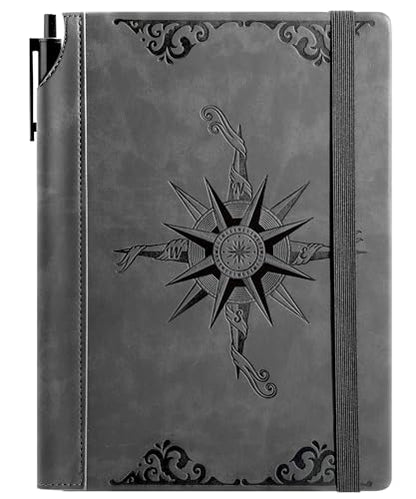 CAGIE Compass Leather Journal for Men, A5 Lined Notebook Writing Gift | 288 Pages 100 GSM Acid-free Paper, Bleed-free, Pen holder, Lay Flat, For Daily Writing, Office, Gifting - color: Gray