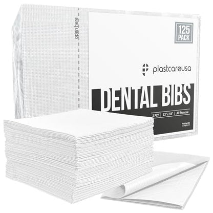PlastCare USA Disposable Dental Bibs 13"x18" (125 Pack) - 3 Ply Waterproof Tattoo Bib Sheet for Patients - Dentist or Medical Tray Covers and Nail Table Cover Supplies, White - color: White