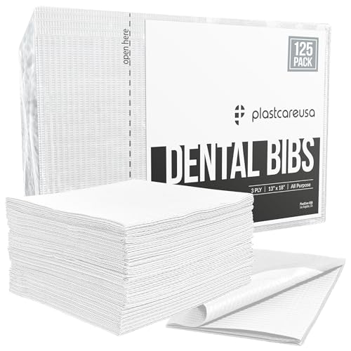PlastCare USA Disposable Dental Bibs 13"x18" (125 Pack) - 3 Ply Waterproof Tattoo Bib Sheet for Patients - Dentist or Medical Tray Covers and Nail Table Cover Supplies, White - color: White