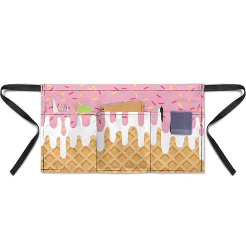 Waist Apron with 3 Pockets Waterproof 13 Inch Short Half Waist Aprons Women Men Server Aprons Waitress Waiter Apron - color: Ice Cream