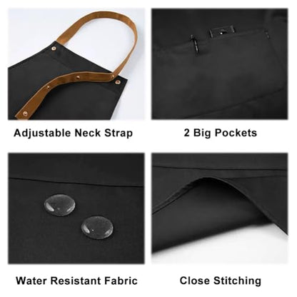 Kitchen Bib Apron with Pockets, Women Men Adjustable Neck Strap Water Resistant Apron for Chef Artist Waiter - color: Black