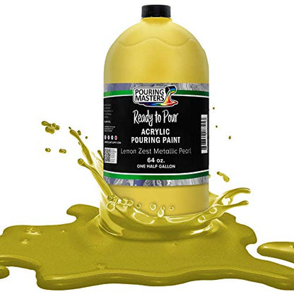 Pouring Masters Lemon Zest Metallic Pearl Ready to Pour Acrylic Pouring Paint - Premium 64-Ounce Pre-Mixed Fluid Acrylic Paint - Fluid Art Supplies for Canvas, Wood, Paper, Tile & Rocks - color: Lemon Zest Metallic Pearl, size: 64 Fl Oz (Pack of 1)