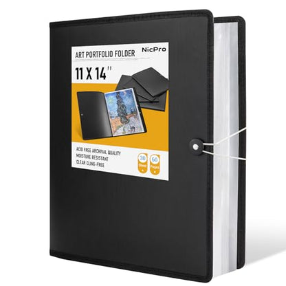 Nicpro 11x14 Art Portfolio Folder, 30 Pockets Display 60 Pages Art Painting Portfolio Binder with Clear Plastic Sleeves, Presentation Storage Book for Artists Artwork Drawing - (Black) - size: 11"x14"