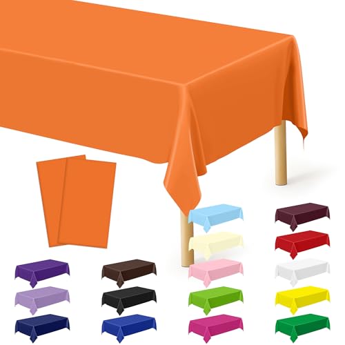 2 Pack Picnic Table Cover, 108 x 54 Inches Orange Plastic Tablecloth, Rectangle Tablecover Orange Disposable Tablecloth, Tear Resistant Table Decor Party Supplies for Wedding Birthday Anniversary - color: Orange, size: 2pcs 54x108 in