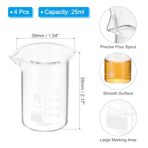 PATIKIL 25ml Low Form Glass Beaker, 4Pcs 3.3 Borosilicate Glass Beakers Graduated Measuring Cup with Spout for Lab Experiment, Cooking and Baking, Clear - size: 25ml