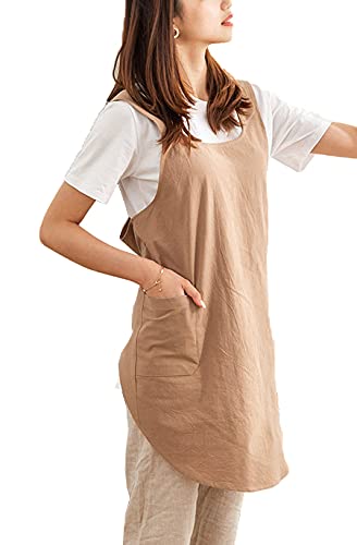 Cotton Cross Back Aprons Solid Color Cooking Kitchen Garden Smock for Women Girls with Pockets - color: Brown