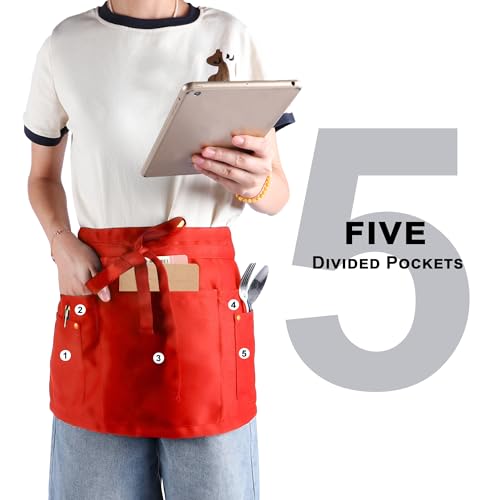 Server Apron with 5 Pockets - Rivet buckle Unisex Short/Half Waiter Waist Short Apron - color: Red