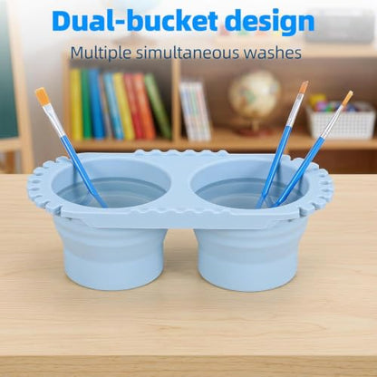 Abaodam Paint Brush Cleaner Cup for Kid Adult Painter Watercolor Acrylic | Dual Compartment Collapsible Silicone Paint Water Cup with 2 Sponges Foldable Water Container for Travel Painting
