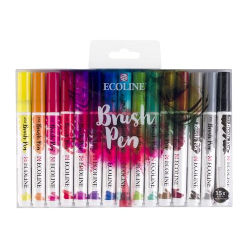 Ecoline Brush Pen Set of 15 Liquid Watercolor Pens – Basic Colors | Blendable Brush Markers for Hand Lettering, Drawing, & Crafts - color: Multicolor, size: 15 Count (Pack of 1)