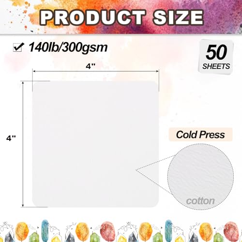 PATIKIL 50 Sheets Cotton Watercolor Paper 140lb/300 GSM Cold Press Water Coloring Paint Paper Round Corner for Art Painting Watercolor Drawing Artist, 4x4 Inch - size: 4x4 Inch